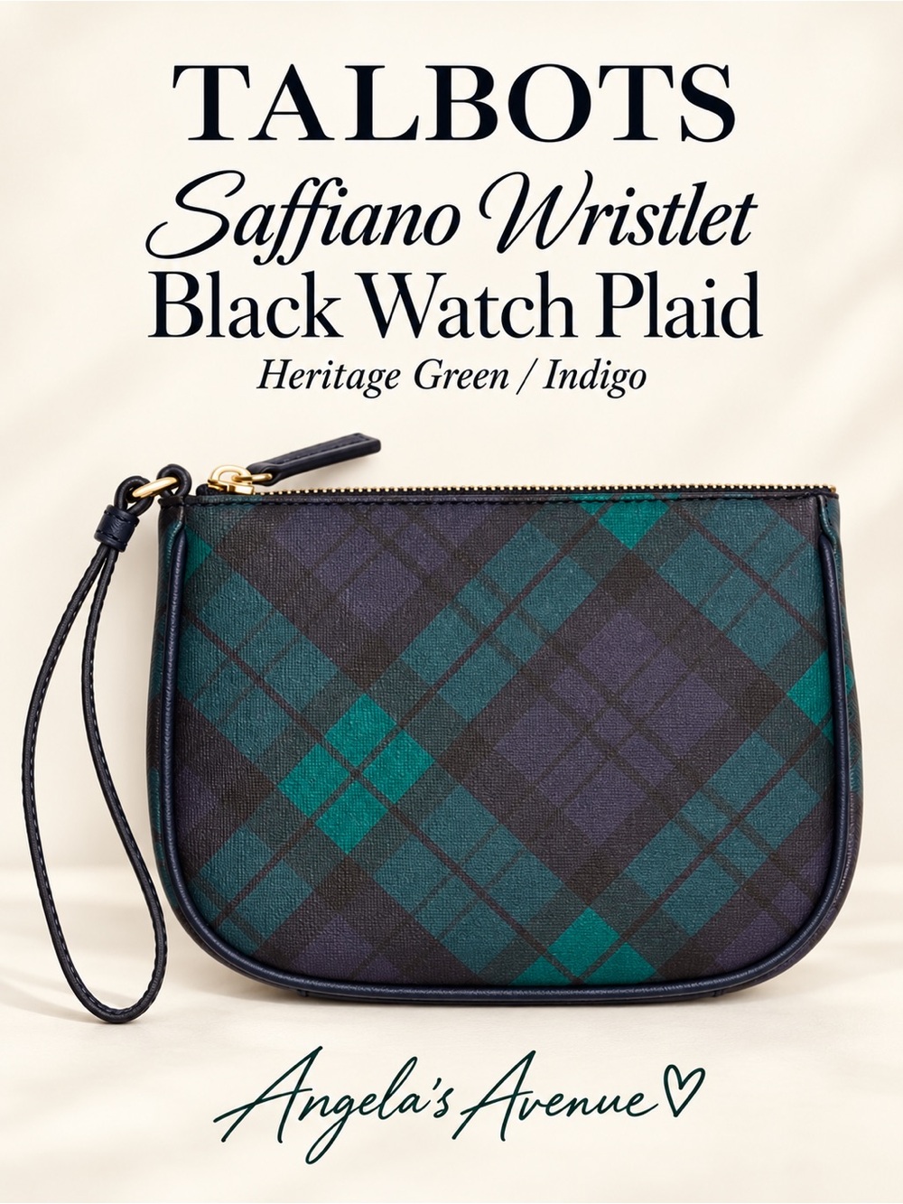 Talbots Saffino Wristlet Black Watch Plaid Blue and Green Heritage Green /Indigo